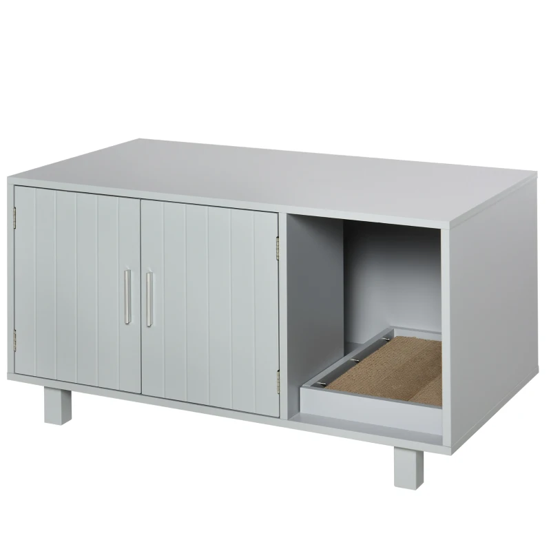 PawHut Wooden Cat Litter Box Enclosure & House, Kitty Hidden Washroom, with End Table Design, Scratcher, & Magnetic Doors, Gray