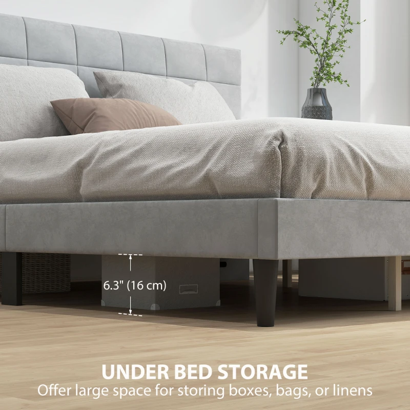 HOMCOM Queen Size Bed Frame with Upholstered Headboard, Modern Platform Bed Frame with Wood Slats, 1100 lbs Capacity, Grey