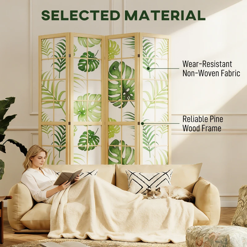 HOMCOM 4 Panel Folding Privacy Screen, 67" Room Divider with Palm Leaf Design for Living Room Bedroom, Natural and Green