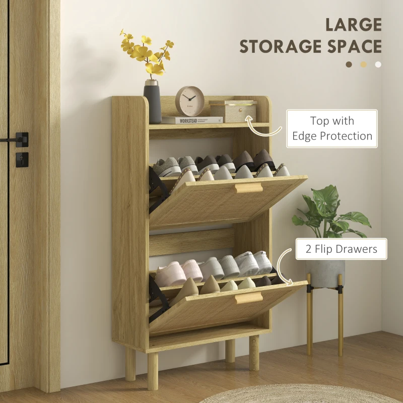 HOMCOM Slim Shoe Storage with 2 Flip Drawers and Adjustable Shelves, Rattan Shoe Cabinet Organizer for 12 Pair, Oak