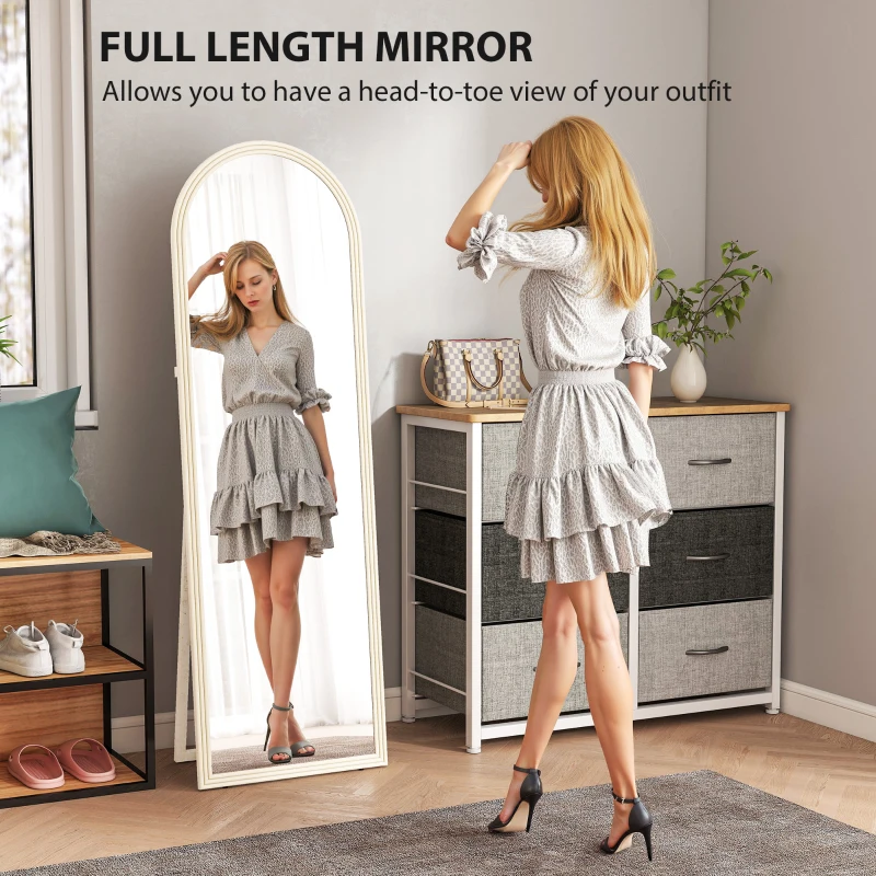 HOMCOM 64" x 21" Full Length Mirror, Free Standing, Leaning or Wall, Arched Full Body Mirror with Faux Stone Frame, White