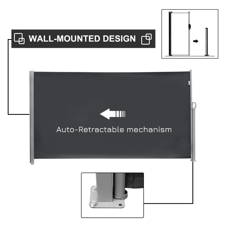 Outsunny 118" x 71" Outdoor Folding Privacy Screen Retractable Side Awning Patio with Resistance to UV Rays and Wind Grey