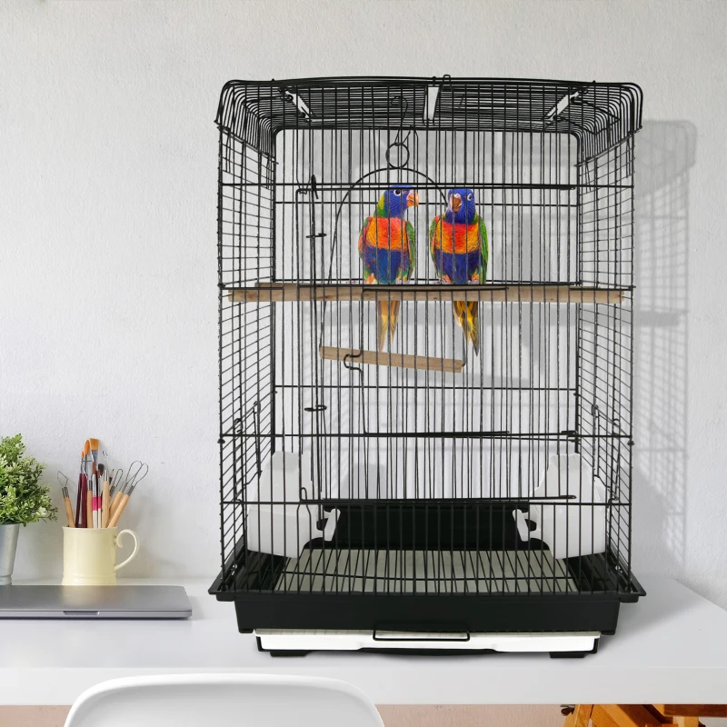PawHut 28"H Steel Bird Cage with Open Play Top, Perch, Feeding Bowl for Parrot Lovebirds Parakeets Cockatiels - Black