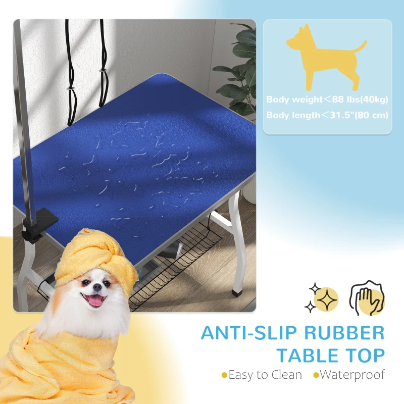 PawHut Dog Grooming Table w/ Adjustable Arm, Mesh Tray,  Two Nooses, Rubber Surface, 35" x 24" x 61", Blue
