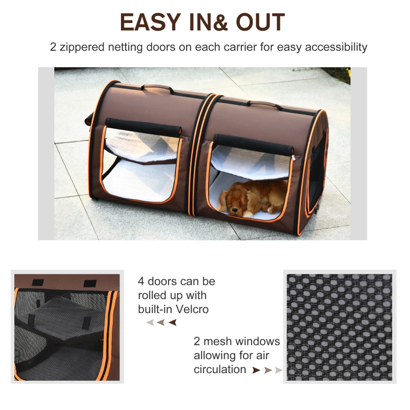 PawHut 39" Portable Soft-Sided Cat Carrier, Cat Kennel, Travel Dog Crate with Divider, Two Compartments, Soft Cushions & Storage Bag, Easy to Fold, Brown