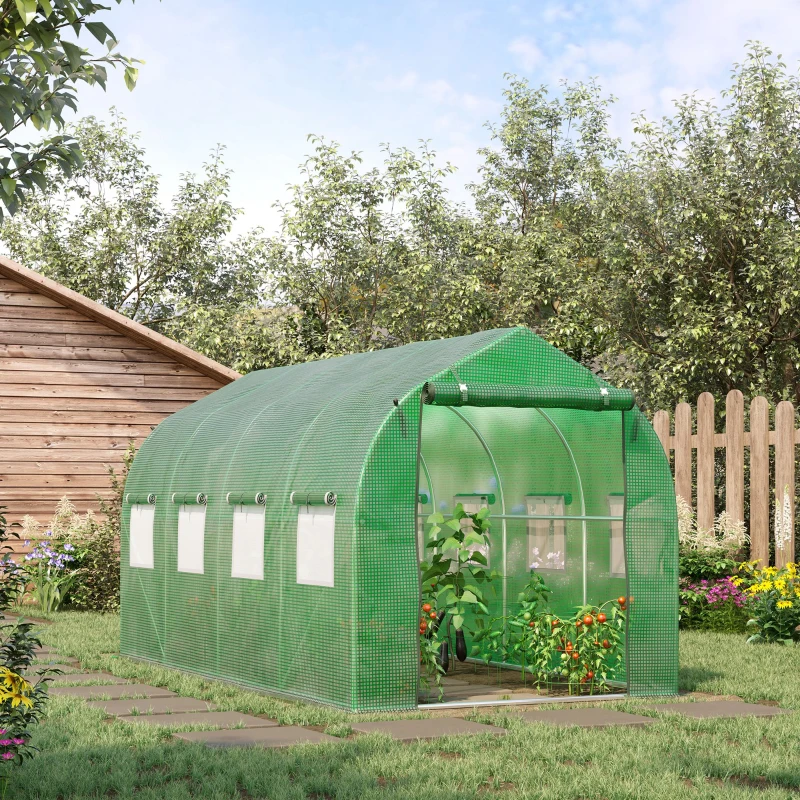 Outsunny 12.5' x 6.3' x 6.4' Steeple Walk-in Tunnel Greenhouse Garden Plant Seed Grow Tent Polythene with Windows and Door Green
