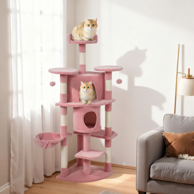 PawHut 62" Cat Tree with Scratching Post, 2 Condos, Hammock, Perches, Plush, Pompoms, for Indoor Cats, Pink