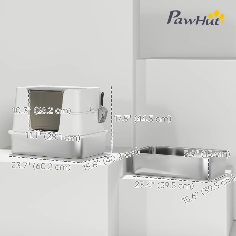 PawHut XL Stainless Steel Litter Box with Lid, Extra Large Covered Cat Litter Box for Indoor Kittens with Filp Top, Scoop