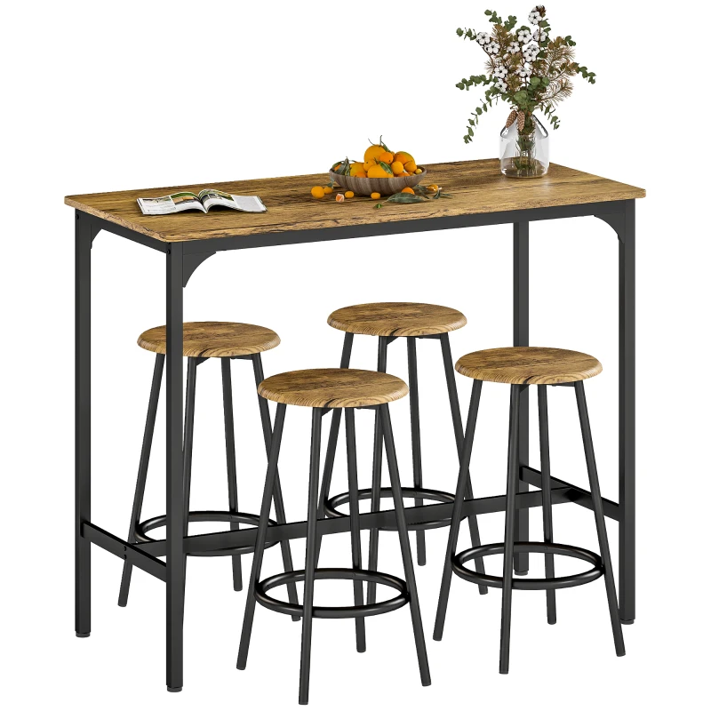 HOMCOM 5-Piece Bar Table Set for 4, Industrial Counter Height Bar Table and Chairs for Kitchen, Dining Room, Rustic Brown