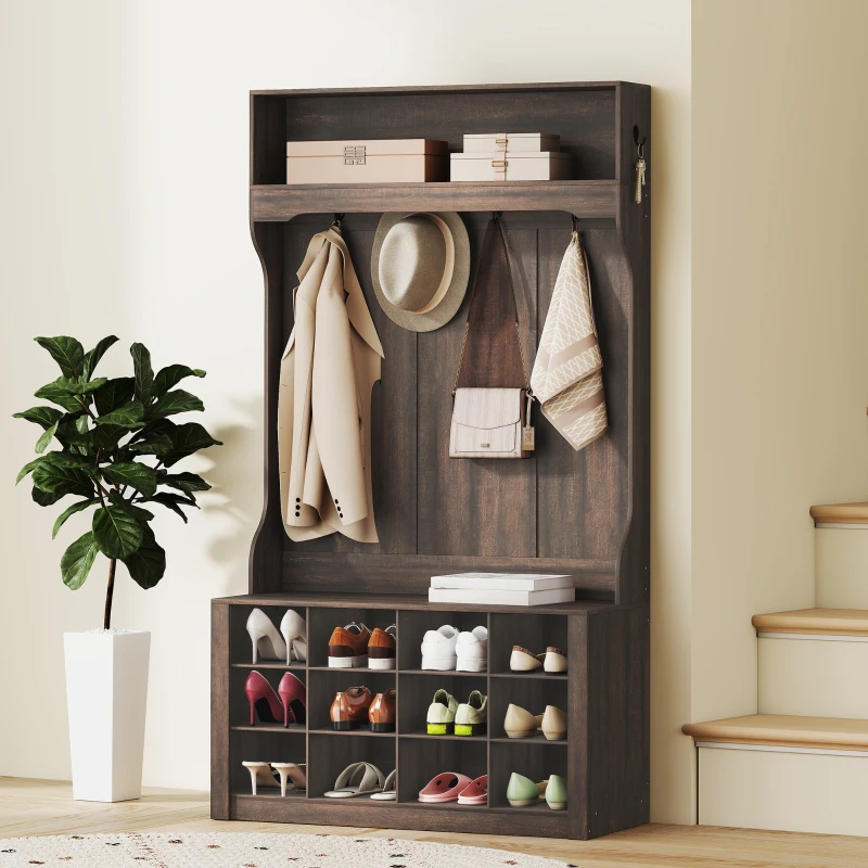 HOMCOM 4-In-1 Hall Tree with Bench and Shoe Storage, Farmhouse Coat Rack Shoe Bench with 12 Shoe Cubbies, 6 Hooks, Dark Brown