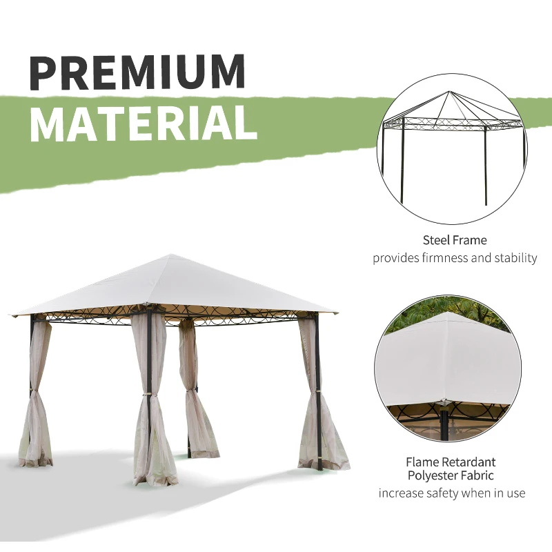 Outsunny 10' x 10' Gazebo Tent Shelter Art Steel Frame Flame-Retardant Fabric with Mosquito Netting for Party Dinner Beige