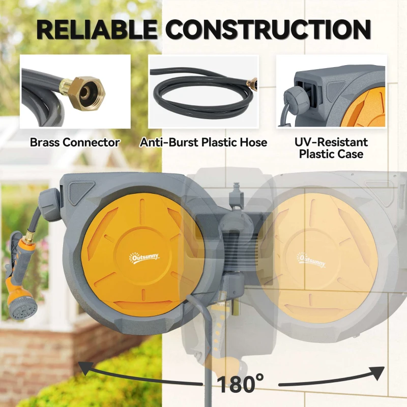 Outsunny 1/2 in x 100ft Wall Mounted Garden Hose Reel, Retractable Water Hose Reel with Auto Rewind, Any Length Lock, Orange