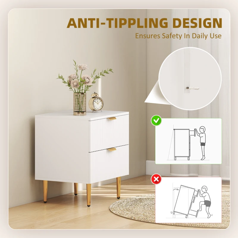 HOMCOM Bedside Table, Modern Nightstand with 2 Drawers, Side End Table with Metal Legs for Living Room, Bedroom, White