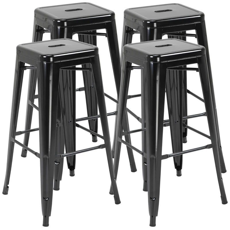 HOMCOM Set of 4 Bar Stools Kitchen Metal Steel Portable Stackable Seat 4pcs Black