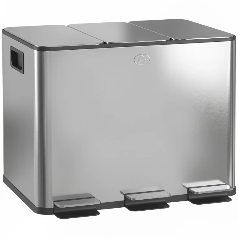 HOMCOM Garbage Bin, Soft-Close Trash Can with Foot Pedal, 3x5 Gallon (3x20 L) Garbage Can with Removable Inner Buckets, Silver