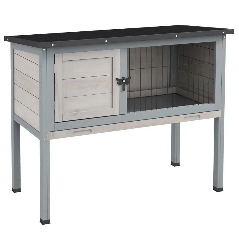 PawHut Wooden Rabbit Hutch with Openable Asphalt Roof, Tray, Light Grey