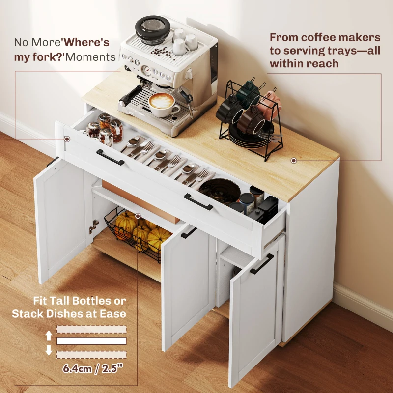 HOMCOM Sideboard Buffet Cabinet, Modern 40" Coffee Bar Cabinet with Wide Drawer, 3 Doors and 2 Adjustable Shelves, White