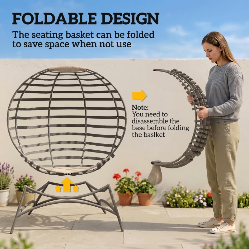 Outsunny Egg Chair, Patio Lounge Chair, Foldable Basket Chair with Large Seat Cushion, Side Pocket, Sand