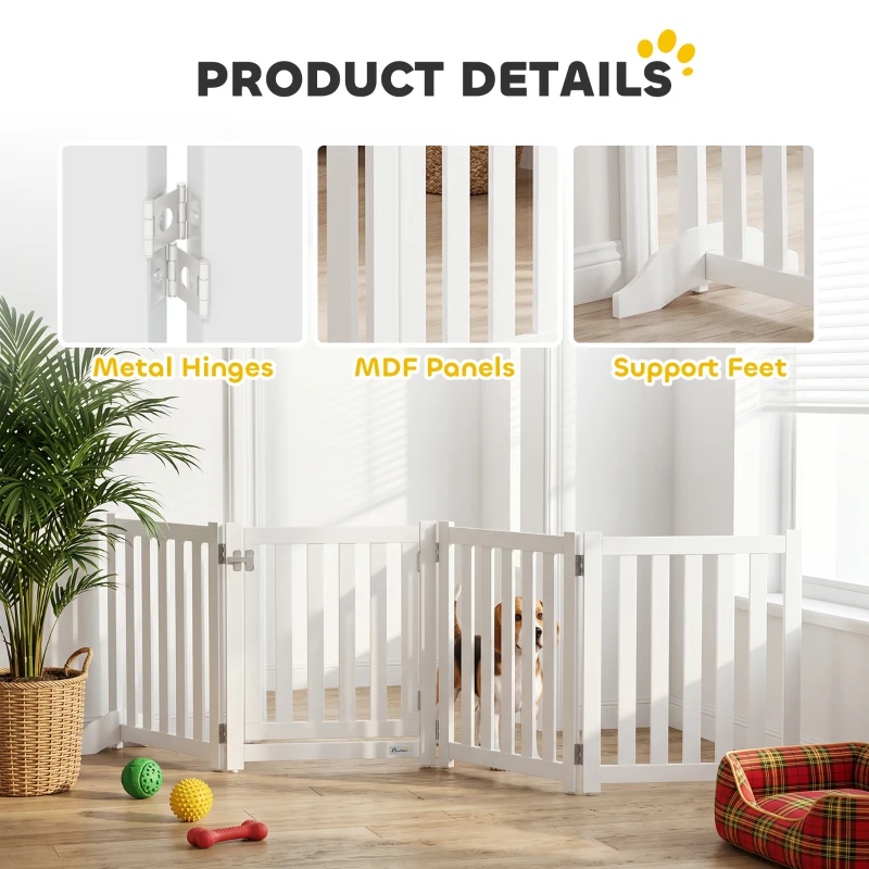 PawHut 23.5"H Foldable Dog Gate with Door, 4 Panels Freestanding Pet Gate Barriers Indoor with Support Feet, Puppy Fence for Dogs, White