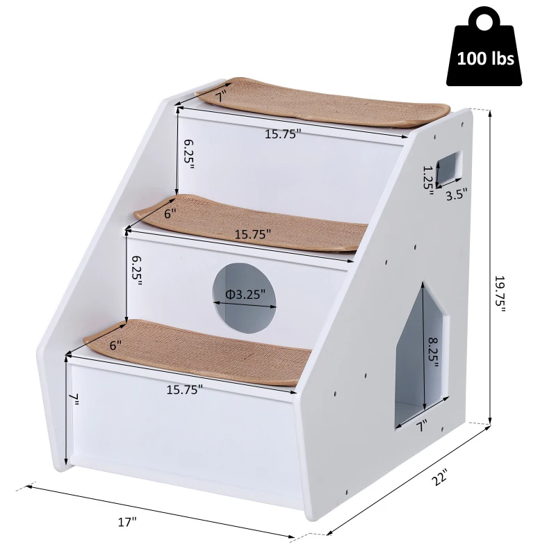 PawHut 3-Step Pet Stairs for Dogs and Cats with Built-in House and Nonslip Carpet, White