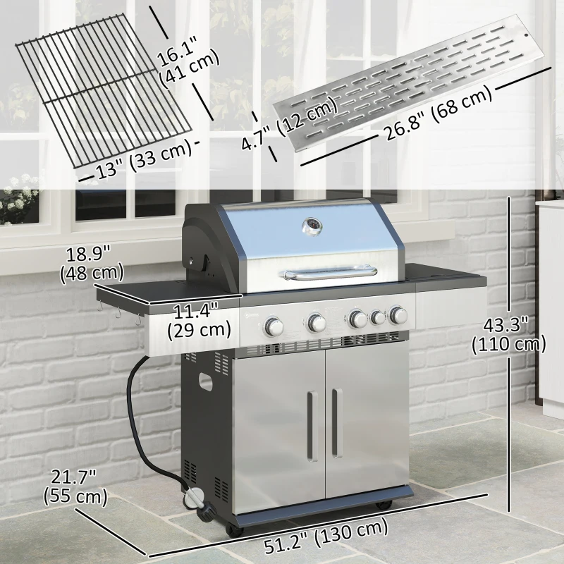 Outsunny 4+1 Burner Liquid Propane Gas Grill Outdoor Portable BBQ with Side Burner, Warming Rack, Side Shelf, Storage Cabinet, Thermometer, 4 Wheels, Tank Holder, Silver