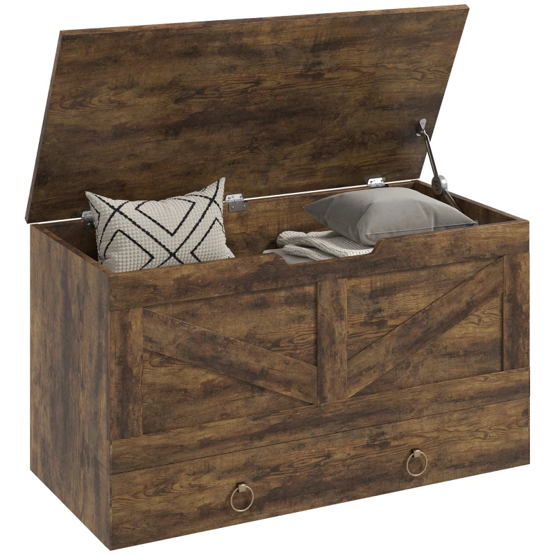 HOMCOM 31.5 Inches Storage Chest, Storage Trunk with 2 Safety Hinges for Living Room, Rustic Brown