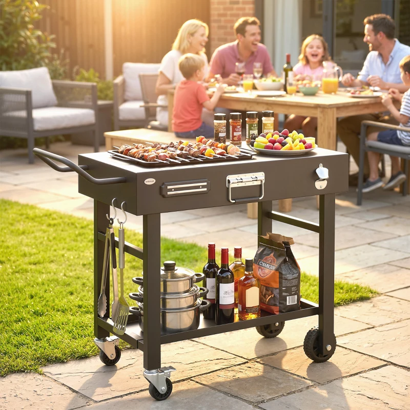 Outsunny Outdoor Grill Cart, Folding Grill Table with Magnetic Knife Holder, Hooks, Spice Rack, Paper Rack, Black