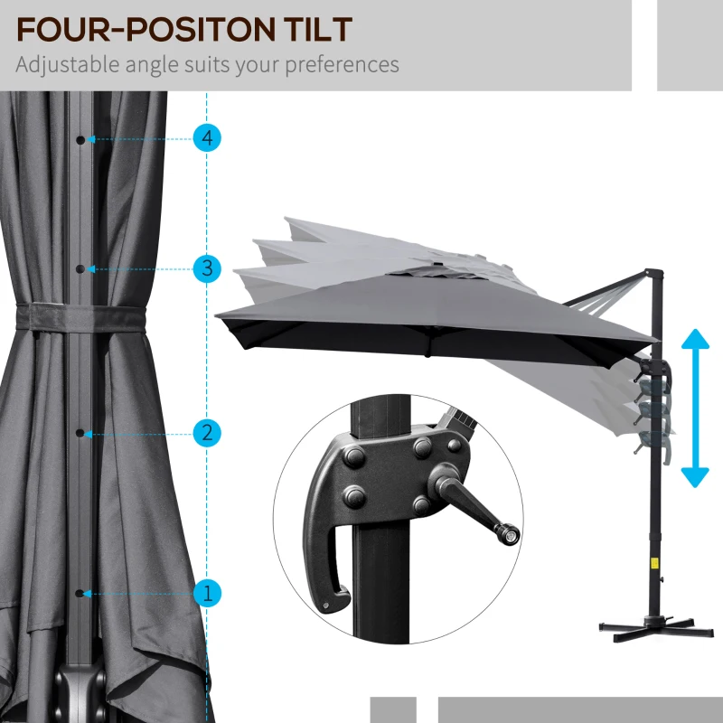 Outsunny 10x10ft Cantilever Umbrella Rotatable Square Top Market Parasol with 4 Adjustable Angle for Backyard Patio Outdoor Area Dark Grey