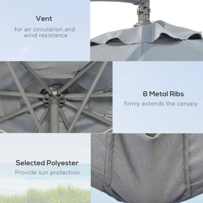 Outsunny 9.6ft Offset Patio Umbrella Garden Hanging Parasol Banana Cantilever Umbrella with Base, Crank, Dark Grey