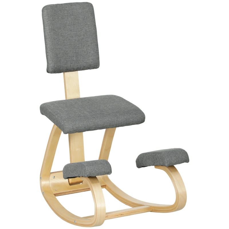 HOMCOM Ergonomic Kneeling Chair, Rocking Wood Kneel Stool with Backrest for Improve Posture, Back Pain, Grey