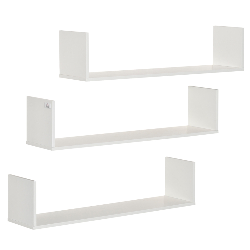 HOMCOM Set of 3 31.5" Wooden U-Shaped Floating Shelves Set Wall Mounted Hanging Bookshelf CD DVD Storage Display for Bedroom Living Room Kitchen, White
