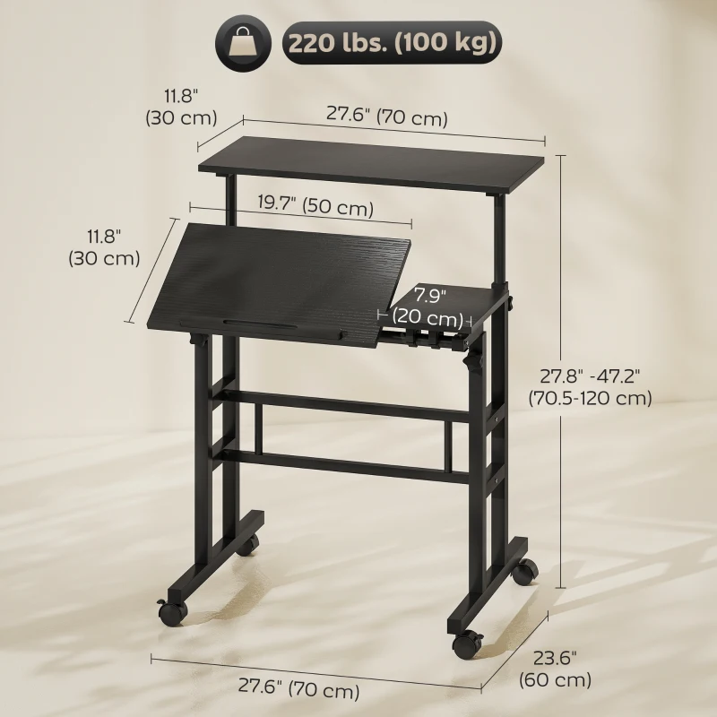 HOMCOM Mobile Stand Up Desk, Height & Angle Adjustable Computer Desk with Wheels for Standing or Sitting, Laptop Desk, Black