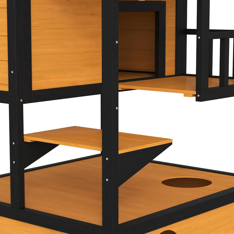 PawHut 4-Floor Wood Outdoor Cat House Catio for Cats with Condo, Fun Entrances, Perch, Natural