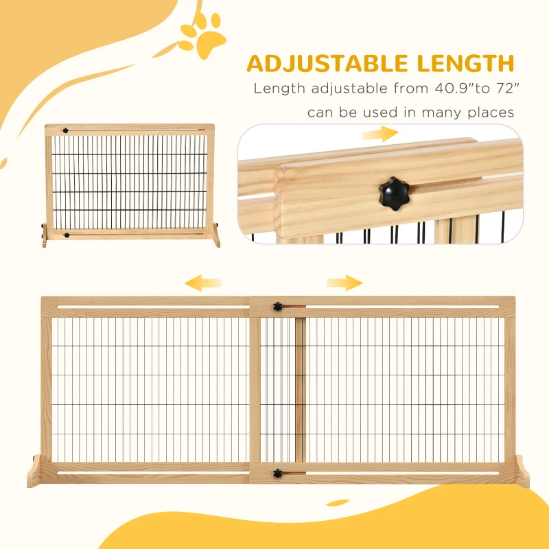 PawHut 71" W x 27" H Extra Wide Freestanding Pet Gate with Adjustable Length Dog, Cat, Barrier for House, Doorway, Hallway, Natural