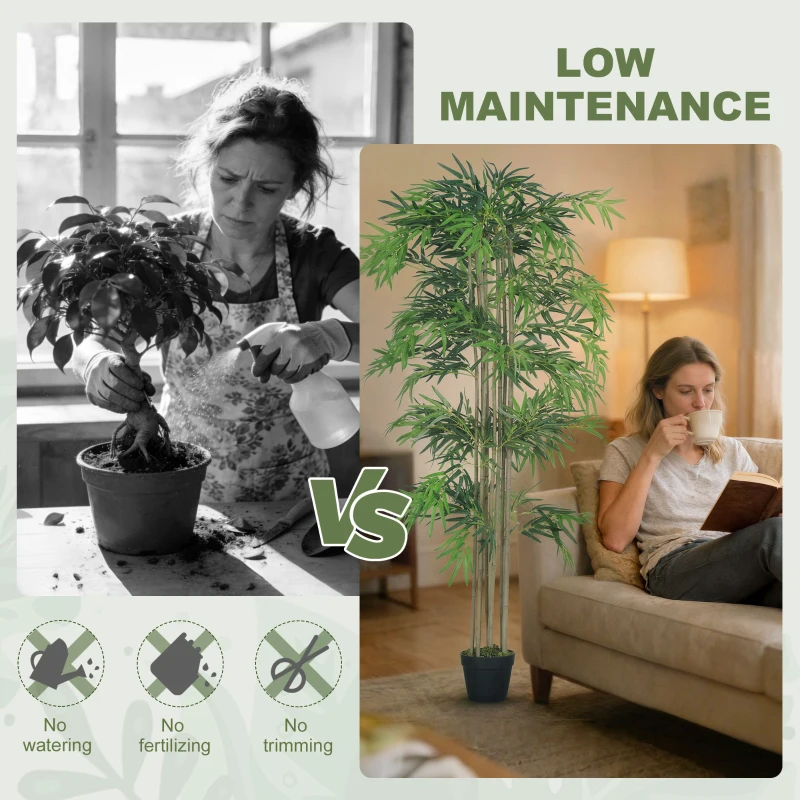Outsunny 6FT Artificial Bamboo Tree Set of 2, Fake Plant with 1530 Leaves, Greenery Plant in Nursery Pot for Indoor, Green
