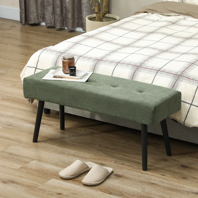 HOMCOM 39" Upholstered Ottoman Bench, Corduroy Entryway Bedroom Bench with Padded Seat and Steel Legs for Bedroom, Green