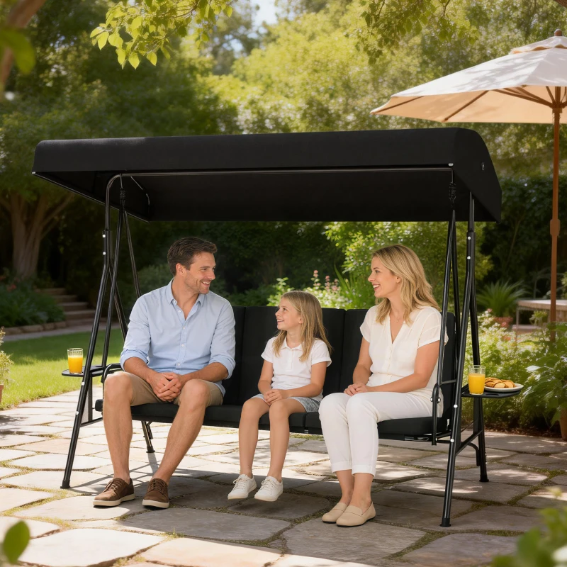 Outsunny 3-Seat Outdoor Porch Swing Patio Swing with Adjustable Canopy, Side Tray, Removable Cushion for Garden, Poolside, Black