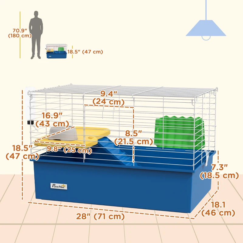 PawHut 18.5" Small Animal Cage with Water Bottle, Food Dish, Platform, Ramp, Blue