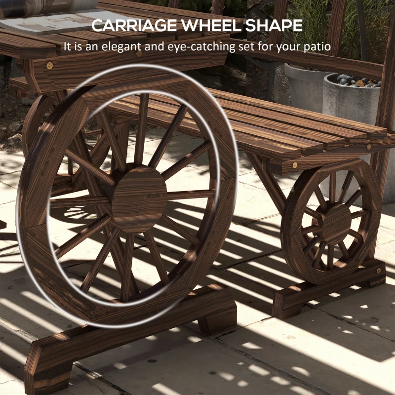 Outsunny Wooden Patio Table and Chairs for 4 People 3-Piece Carriage Wheels Design for Porch, Backyard, Balcony, Carbonized