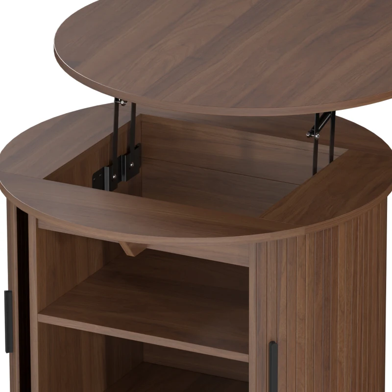 HOMCOM Lift Top Coffee Table, Modern Fluted Round Coffee Table with Layered Storage and Tambour Sliding Door, Walnut Brown