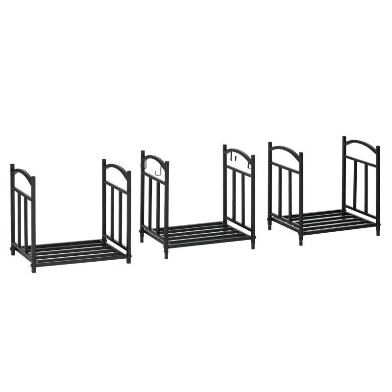 Outsunny 3-Tier Firewood Rack Heavy Duty Wood Storage Log Stacking Shelf with Hanging Hooks, Outdoor Indoor Use, Black