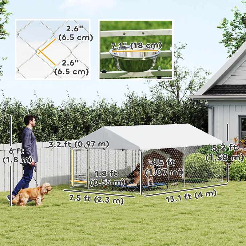 PawHut Outdoor Dog Run w/ Adjustable & Rotating Bowls, Water-Resistant UV-Resistant Cover, Secure Lock, 13.1' x 7.5' x 5.2'