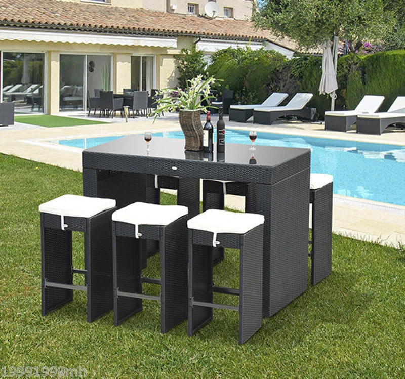 Outsunny 7pcs Rattan Bar Set Garden Wicker Dining Set 1 Table w/ 6 Stools and Cushion Outdoor Yard Patio Furniture Aluminum Frame All Weather