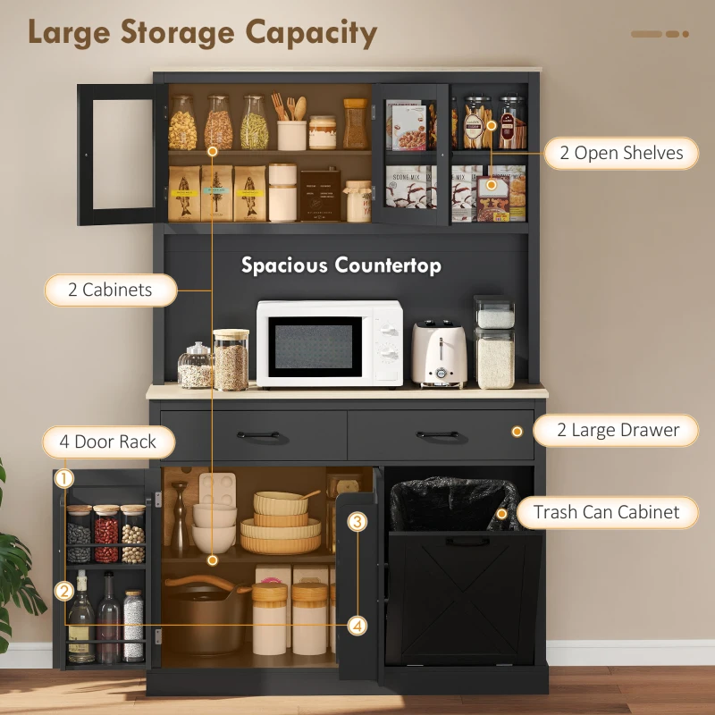 HOMCOM 69" Kitchen Pantry Cabinet with Charging Station Kitchen Cabinet with Microwave Stand 7 Gallon Trash Can Cabinet Black