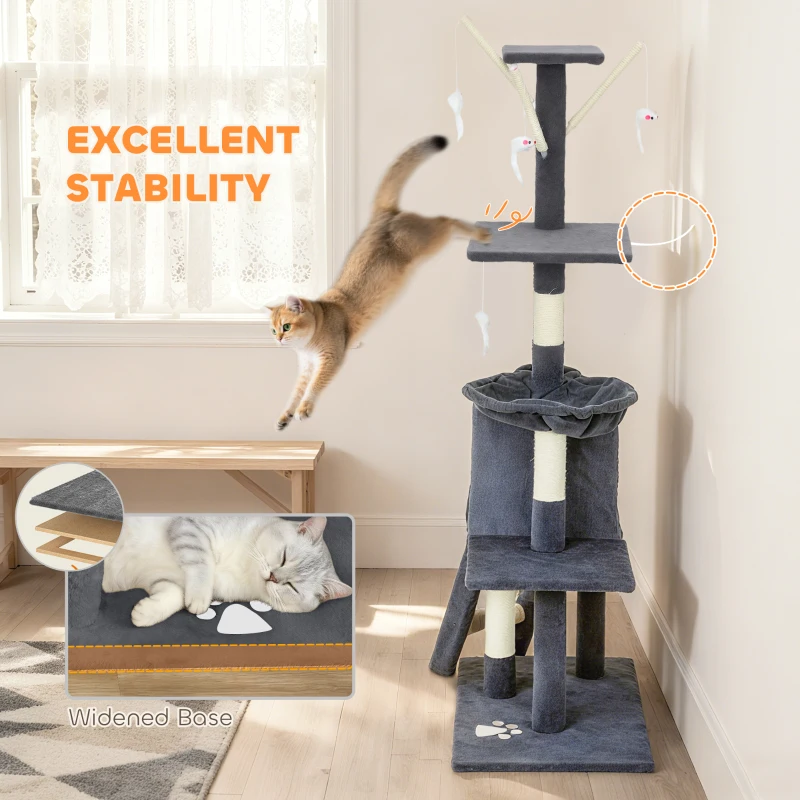 PawHut 53" Cat Tree Tower, Kitten Activity Centre with Scratching Posts, Condo, Perches, Ladder, Hammock, Dangling Toys, Dark Grey