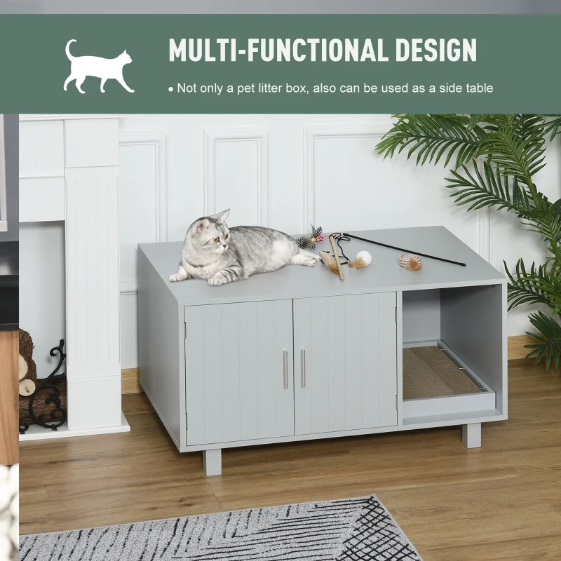 PawHut Wooden Cat Litter Box Enclosure & House, Kitty Hidden Washroom, with End Table Design, Scratcher, & Magnetic Doors, Gray
