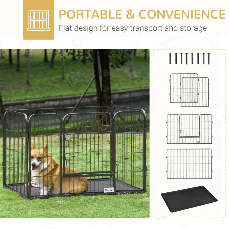 PawHut 4 Panels Dog Playpen, Heavy Duty Dog Fence, 28" H Portable Pet Playpen with Door Double Locking Latches, Tray, Grey