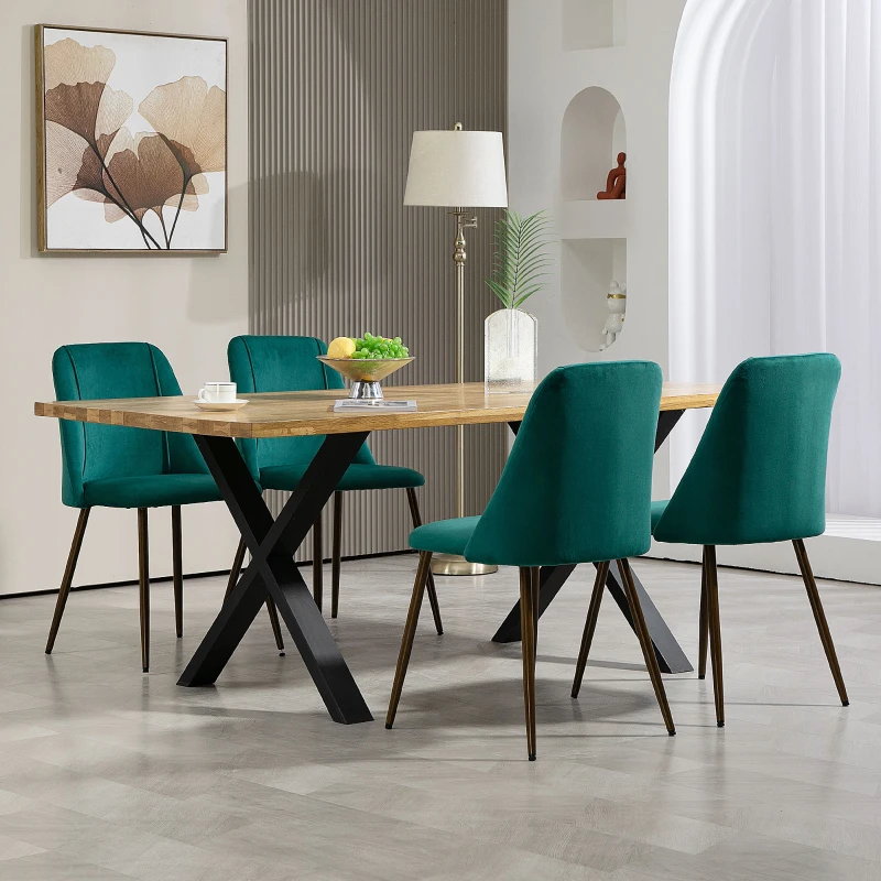 HOMCOM Upholstered Dining Chairs Set of 4, Velvet Accent Chair with Back and Wood-grain Steel Leg for Kitchen, Green
