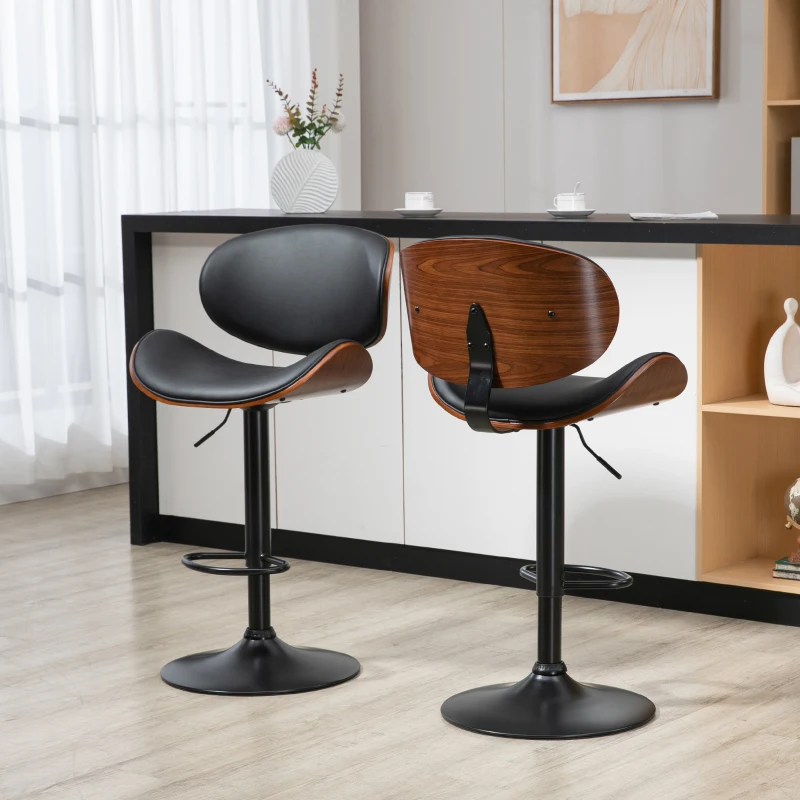HOMCOM Bar Stools Set of 2, Modern PU Leather Adjustable Swivel Barstools with Curved Back, Footrest and Steel Base, Black