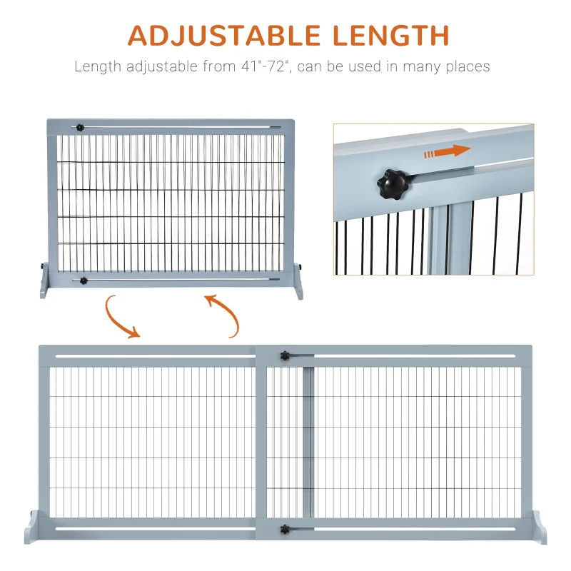PawHut 71" W x 27.25" H Extra Wide Freestanding Pet Gate with Adjustable Length Dog, Cat, Barrier for House, Doorway, Hallway, Blue-Gray